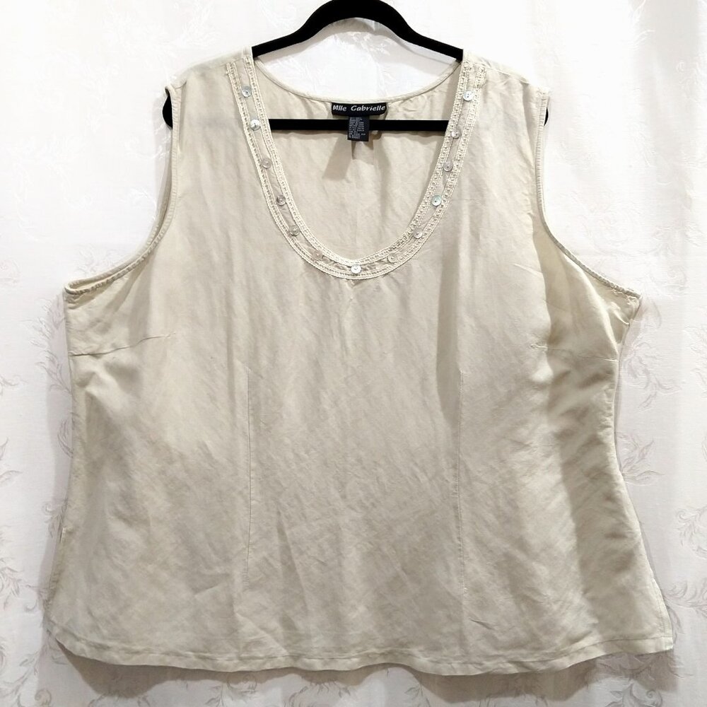 Vintage 80s Beaded Lace Mother Of Pearl Sleeveless Shell Top 26/28W Cream Boho